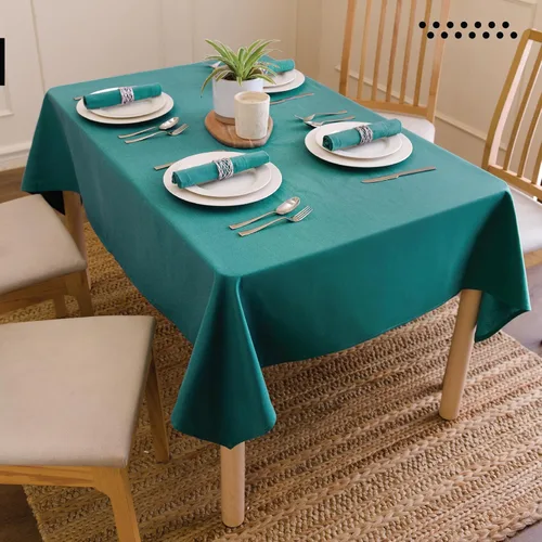 Vista 2 de Encasa XO Mantel rectangular de lona de algodón de 56 x 84 pulgadas, lavable a máquina, mantel esmeralda para comedor en interiores y exteriores