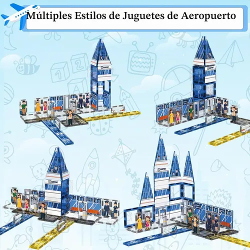 Vista 4 de AFUNX - Azulejos magnéticos, set de 54 piezas con tema de aeropuerto, bloques de construcción magnéticos y juguetes educativos STEM para niños