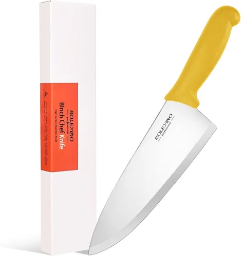 Vista 8 de Cuchillo de chef japonés de acero inoxidable de alto carbono de 8 pulgadas, cuchillo de cocina profesional extra afilado y ancho con mango