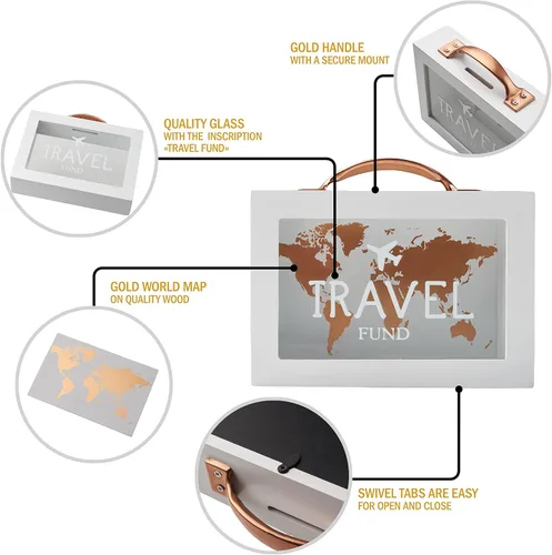Vista 2 de Caja de dinero de sombra para ahorro de viaje - Banco de monedas para adultos - Tarro de vacaciones - Caja de ahorro blanca con asa - Fondo de luna