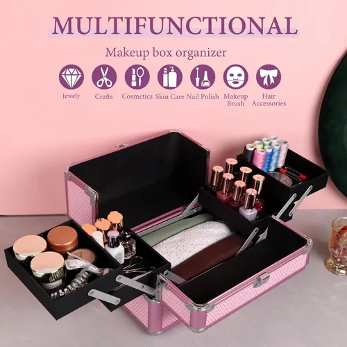 Vista 4 de Estuche de tren de maquillaje, estuche organizador de cosméticos, caja de maquillaje portátil, estuche de viaje para artistas de maquillaje con 4
