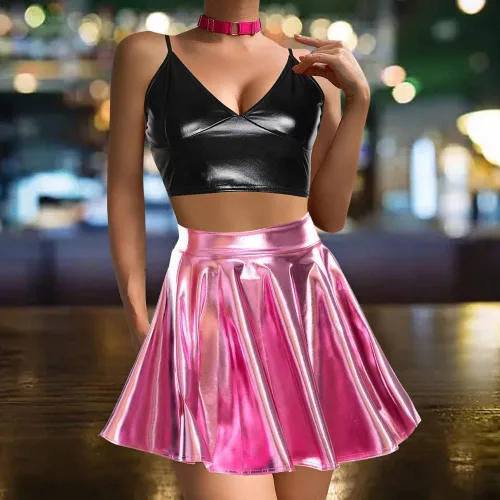 Vista 2 de Minifalda metálica brillante para mujer, diseño de discoteca de moda, acampanada, plisada y acampanada