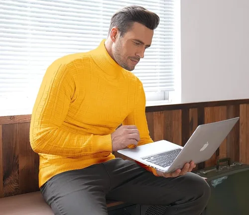 Vista 2 de COOFANDY Suéter de cuello alto ajustado para hombre estilo casual de punto gofre sólido