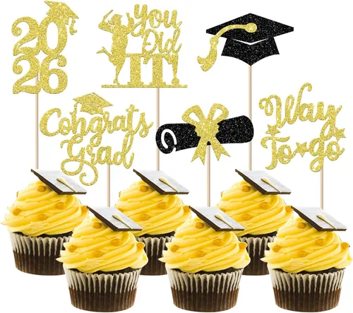 Vista 13 de Paquete de 24 adornos para cupcakes de clase de 2026 con purpurina 2026 para diploma de graduación 2026, selecciones para cupcakes para graduación