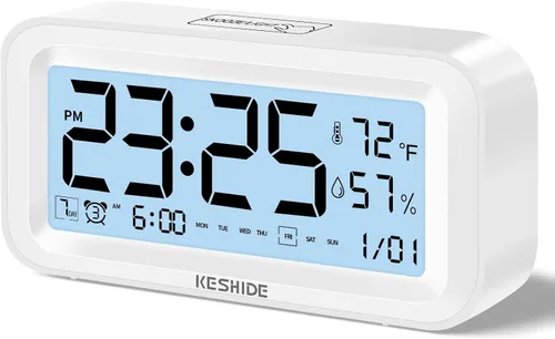 Vista 9 de Reloj despertador digital con luz nocturna, funciona con pilas, con temperatura interior y humedad, reloj pequeño de escritorio, modelo con función