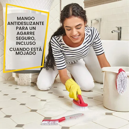 Vista 4 de Juego de 3 cepillos de limpieza con mango ergonómico y cerdas duraderas - Cepillo limpiador de lechada - Cepillos para limpiar baño, ducha 2-Rojo