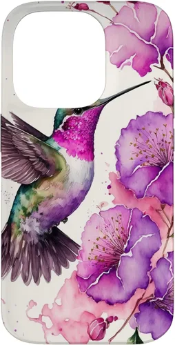Vista 17 de Hummingbird Floral Watercolor Pink Purple Paint Flowers Case for iPhone 17
