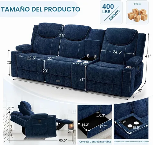 Vista 2 de Dresegmt Sofá reclinable, 2 vías multifunción manual de 3 plazas con portavasos, almacenamiento y puertos USB, moderno sofá multifuncional, sofá