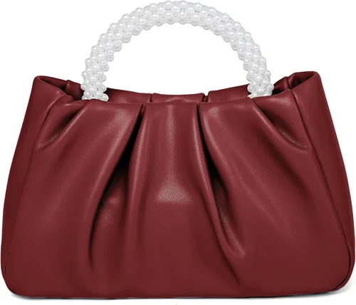 Vista 11 de Beatfull Bolso de noche para mujer, bolso de mano pequeño con perlas de cuero suave, bolso fruncido para boda, novia, fiesta, baile de graduación