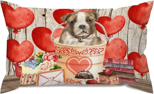 Vista 49 de Fundas de almohada lumbar con textura de madera rústica para perro en cubo, diseño de corazón rojo para el día de San Valentín, fundas de almohada