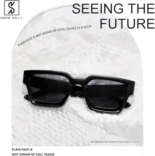 Vista 6 de SHEEN KELLY Gafas de sol rectangulares gruesas retro gruesas para mujeres y hombres, a la moda, con montura tipo tortie negra, gafas de los años 90
