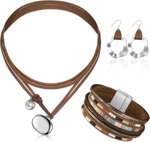Vista 17 de 3 piezas de joyería boho occidental para mujer, conjunto de joyas de turquesa, aretes vintage, pulsera, collar bohemio occidental para mujer Negro