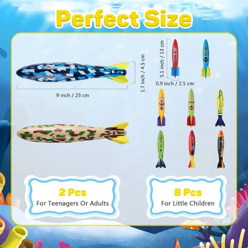 Vista 3 de MoKo Paquete de 10 juguetes de torpedo para piscina, 2 cohetes grandes y 8 pequeños de buceo para niños y adultos, juguetes de deslizamiento