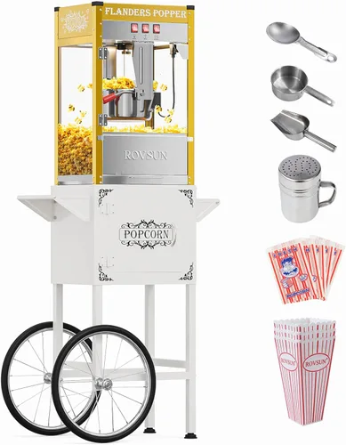 Vista 9 de Máquina de palomitas de maíz ROVSUN con carrito, ruedas y hervidor de 8 onzas, hace hasta 32 tazas, máquina de palomitas con cuchara para palomitas