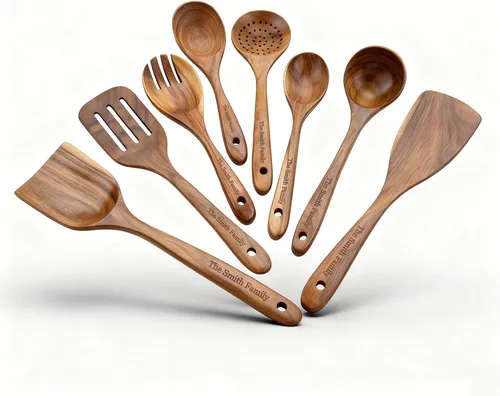 Vista 7 de Cuchara de madera de teca prémium para cocinar, juego de utensilios de cocina de madera antiadherentes de 10 piezas, cucharas de madera resistentes