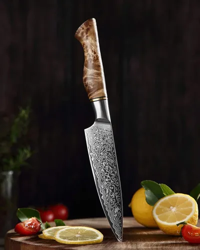 Vista 5 de HEZHEN Cuchillo utilitario de 5 pulgadas con filo de navaja - Acero de Damasco con patrón de rosa multifuncional VG10 cuchillo profesional