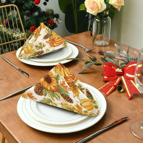 Vista 3 de MNSRUU Juego de 4 servilletas de tela para otoño, otoño, Acción de Gracias, calabaza, girasol, lavable, poliéster, cocina, servilletas de tela