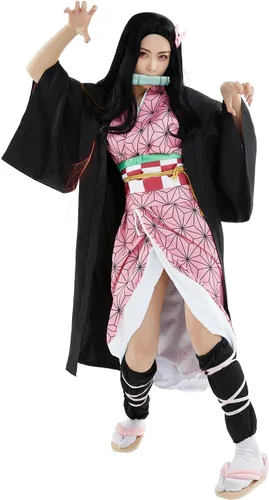 Vista 2 de Kamado Nezuko - Disfraz de capa para adultos, kimono, bata de cosplay, chaqueta de Halloween, uniforme unisex