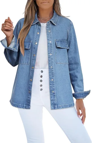 Vista 17 de Luvamia - Chaquetas de mezclilla para mujer 2025, moda de otoño, chaqueta de gran tamaño, abotonada, de mezclilla, chaqueta estilo western con azul