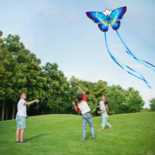Vista 3 de HONBO Cometas de mariposa para niños y adultos, fáciles de volar para principiantes, cada cometa con mango de línea de 300 pies, cometa para Azul