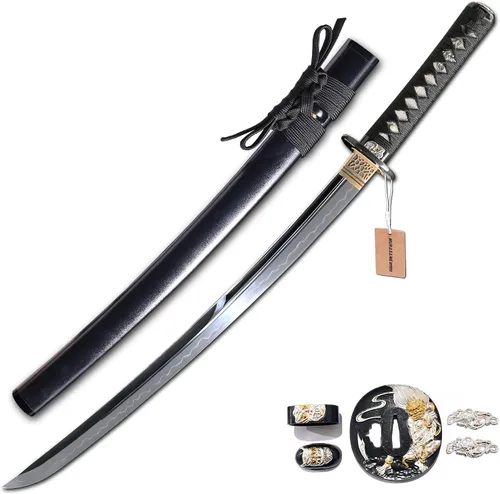 Vista 7 de MURASAME Wakizashi Sword T10 - Arcilla de acero templada real Hamon Full Tang muy afilada