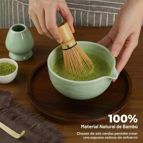Vista 6 de Juego de batidor Matcha – Kit tradicional de 5 piezas con cuenco de cerámica que incluye batidor de bambú, cuchara, tamiz y soporte para batidor