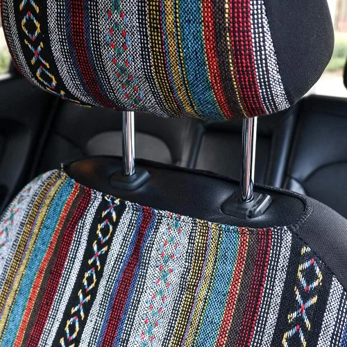Vista 8 de Funda de Asiento de Coche Manta Baja Saddle 4PCS Delantera a Rayas Multicolor, Funda de Asiento Hippie Boho de Ajuste Universal para Toyota, Honda