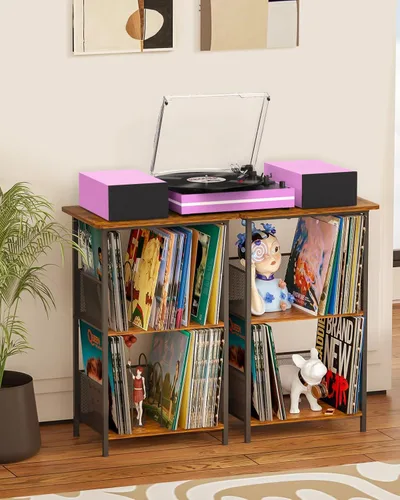Vista 7 de Reproductor de discos de vinilo con dos altavoces externos, tocadiscos de transmisión por correa para discos de vinilo, altavoces estéreo duales