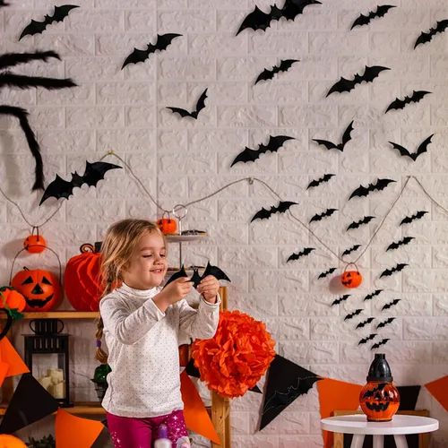 Vista 5 de Decoraciones de Halloween de murciélagos, 100 piezas de decoración de pared de murciélagos 3D, 6 tamaños de calcomanías de murciélago de PVC
