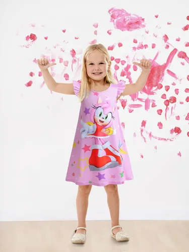 Vista 2 de EZDRESS Vestido de verano para niñas, estampado de erizo de dibujos animados, vestidos casuales para niños pequeños, ropa para el hogar, vestido