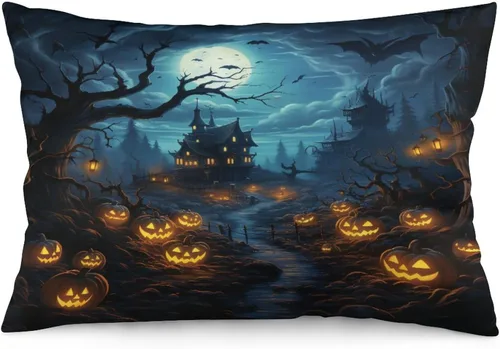Vista 28 de Fundas de almohada frescas de casa embrujada, castillo, luna, bosque medieval, calabaza, fundas de almohada rectangulares con cremallera invisible
