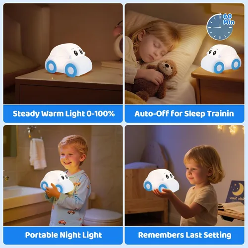 Vista 6 de Linda luz nocturna para bebés y niños en forma de coche, regulable+1800mAh recargable+temporizador+portátil+de silicona+esponjosa, lámpara de noche