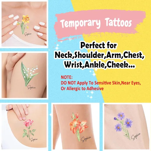 Vista 3 de Tatuajes temporales personalizados, tatuajes de flores de nacimiento personalizados para cumpleaños, boda, despedida de soltera, 1 juego de 15