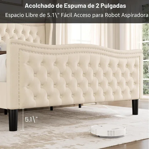 Vista 6 de Marco de Cama Full con Cabecera y Pie de Cama Altos, Marco de Cama Plataforma Tapizada en Terciopelo con Acolchado de Botones Profundos Tipo Beige