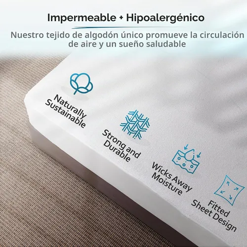 Vista 5 de Protector de colchón premium 100% impermeable, hipoalergénico, libre de vinilo, transpirable, superficie de algodón suave con bucles. -, Algodón
