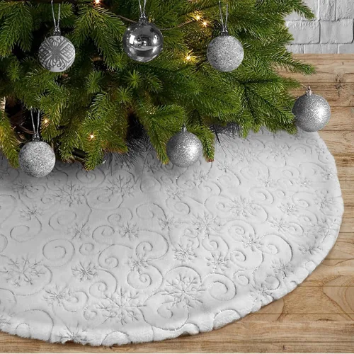 Vista 32 de Faldones de Felpa para Árbol de Navidad, 24 pulgadas, Lujosa Cubierta de Base de Árbol de Navidad de Piel Sintética Negra con Copos de Nieve Dorados