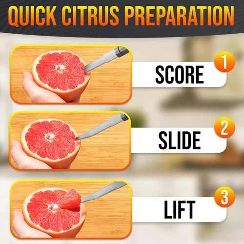 Vista 6 de Cuchillo de toronja con doble hoja dentada curva, cortador y pelador de frutas cítricas de acero inoxidable con mango ergonómico, apto