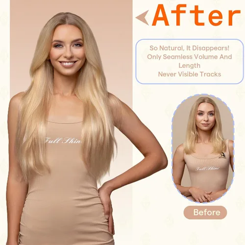 Vista 111 de Full Shine - Extensiones de cabello humano con cinta, mezcla de rubio hongo # 8 castaño ceniza resaltado 60 rubio ceniza