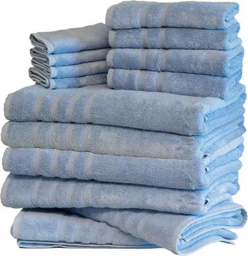 Vista 43 de Mosobam Lujoso juego de toallas turcas de 4 piezas XL, 35 x 70 pulgadas, 16 x 30 pulgadas, azul Allure de gran tamaño, 700 GSM, viscosa de bambú