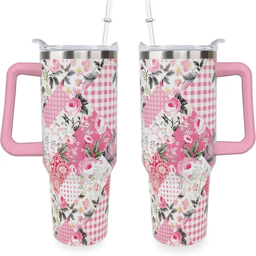 Vista 17 de Sunmdecor Vaso de 40 onzas con asa y pajitas de silicona, vaso aislado de café con asa, vaso de 40 onzas con asa
