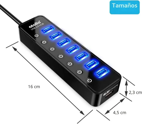 Vista 6 de Hub USB 3.0 alimentado, divisor de concentrador de datos USB de 7 puertos Atolla con un puerto de carga inteligente e interruptores individuales