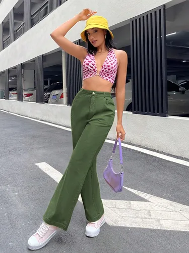 Vista 4 de WDIRARA Pantalones de pierna ancha de cintura alta con bolsillo y cremallera para mujer
