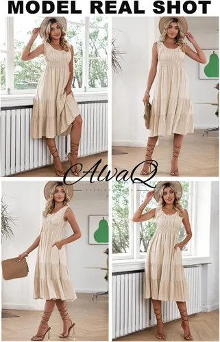Vista 5 de AlvaQ Vestido de verano para mujer, sin mangas, fruncido, de cintura alta, casual, escalonado, acampanado, con bolsillos
