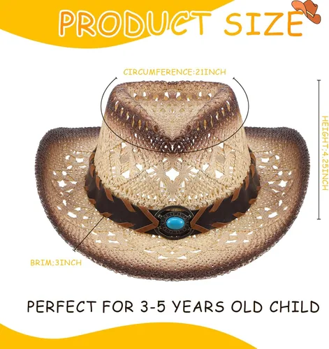 Vista 3 de 2 Pieces Cowboy Hats Cowgirl Hats for Kids Halloween Cosplay Straw Hat Child Western Straw Sun Hat for Boys Girls