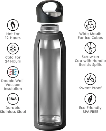 Vista 5 de OGGI Freestyle - Botella de agua aislada de acero inoxidable, doble pared aislada al vacío, termo de viaje, 23 onzas (23.0 fl oz), color negro