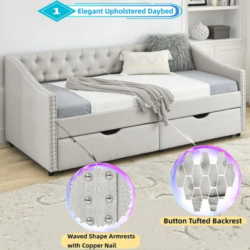 Vista 4 de Linuque - Sofá cama tapizado de tamaño matrimonial con 2 cajones de almacenamiento, marco de sofá cama de madera maciza con respaldo copetudo