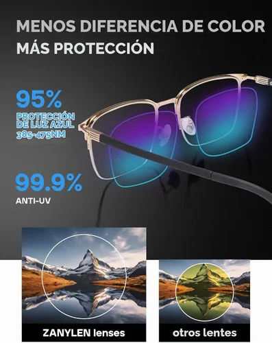 Vista 4 de ZanyLen Blue Light Blocking Glasses Men Computer Gaming Glasses Rectangle Metal Semi-rimless Frame