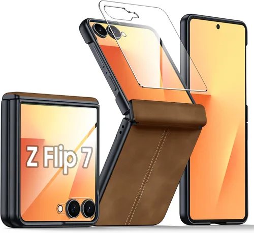 Vista 29 de para Samsung Galaxy Z Flip 7 Funda con protección de bisagras y protector de pantalla incorporado, funda de cuero mate de policarbonato ultradelgada