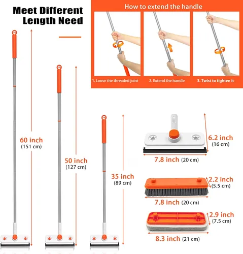 Vista 7 de Cepillo de limpieza de suelo con mango largo, cepillo extensible 3 en 1 para raspar cerdas rígidas, cepillo de ducha de 60 pulgadas con escobilla