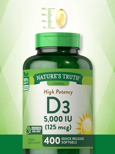 Vista 5 de Nature's Truth Vitamina D3 5000 UI cápsulas blandas 400 unidades Alta potencia Suplemento sin OMG y sin gluten